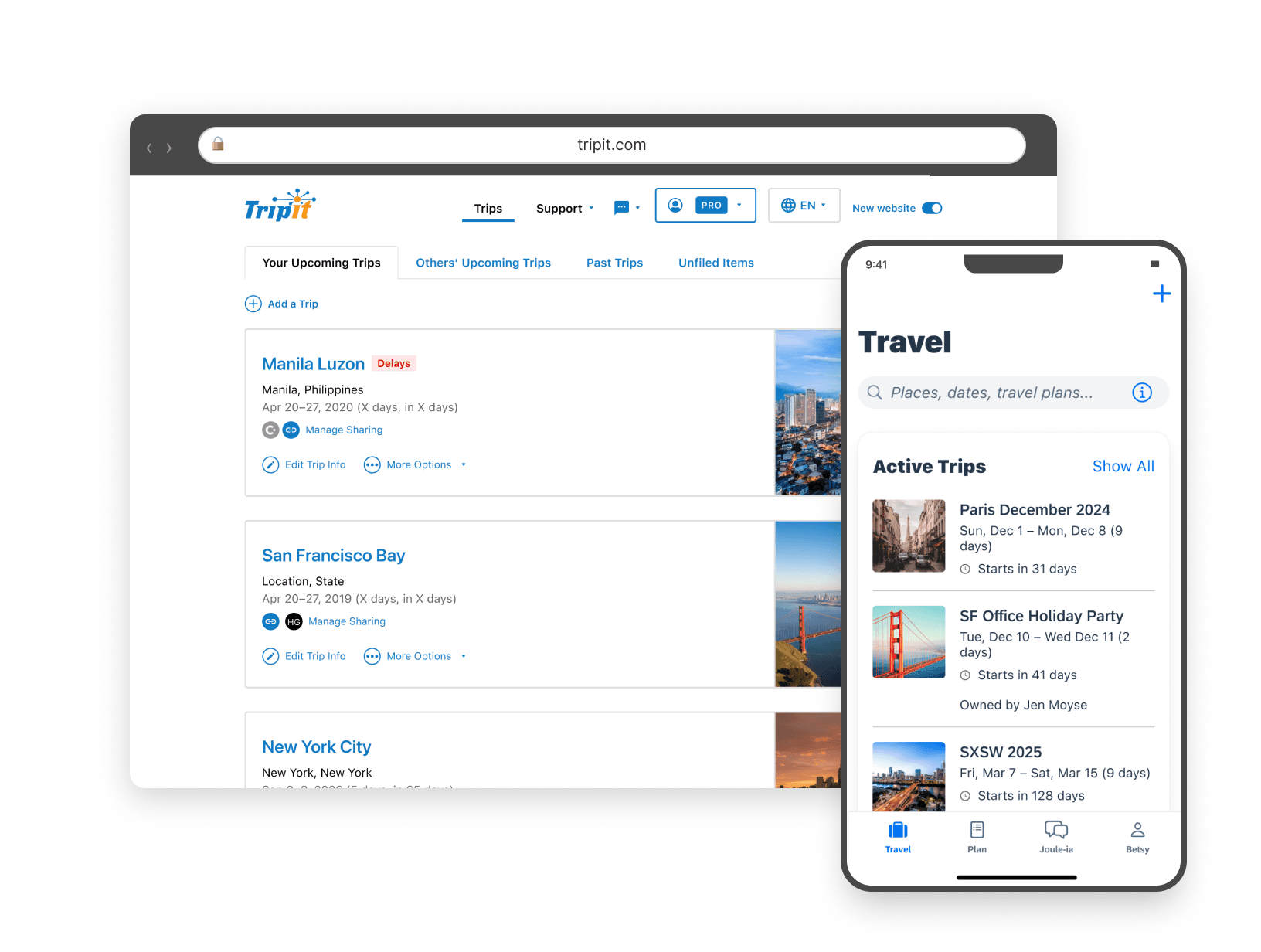TripIt product — composite showing key screens across the travel planning and itinerary experience